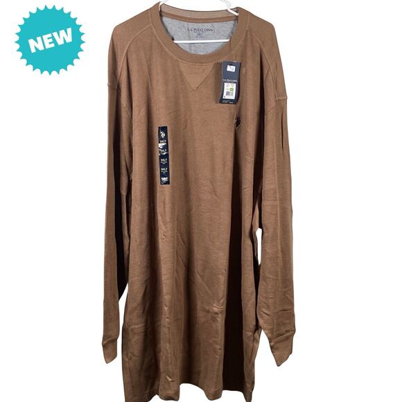 US Polo Assn Thermal Shirt Men's 5XLT Logo Waffle Knit Crew Neck Brown New - Picture 1 of 6